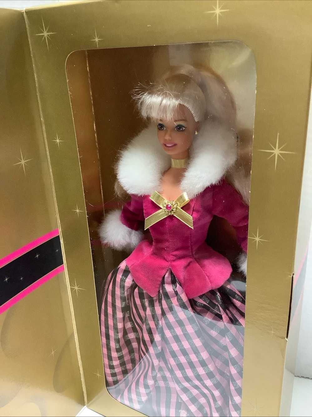 Premium Pink Doll in Fuchsia and Black Plaid Gown - Picture 5 of 16